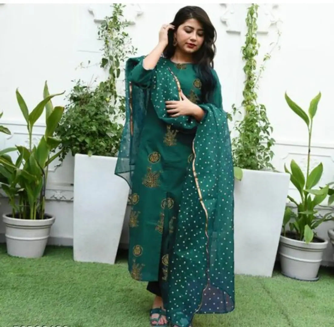 Rayon gold print kurti pant with dupatta set