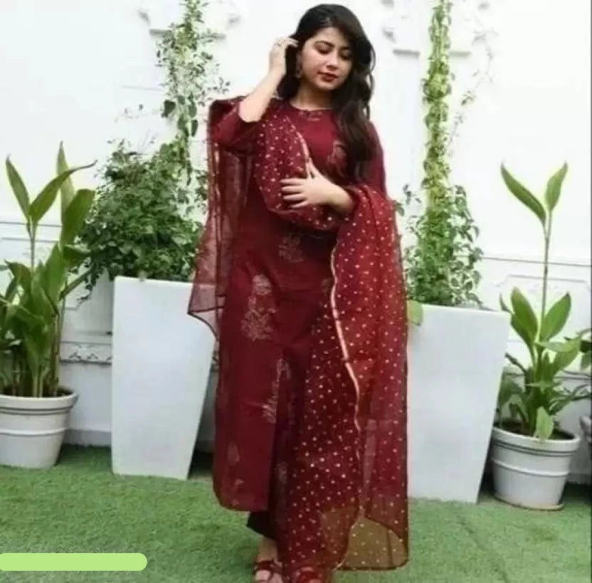 Rayon gold print kurti pant with dupatta set
