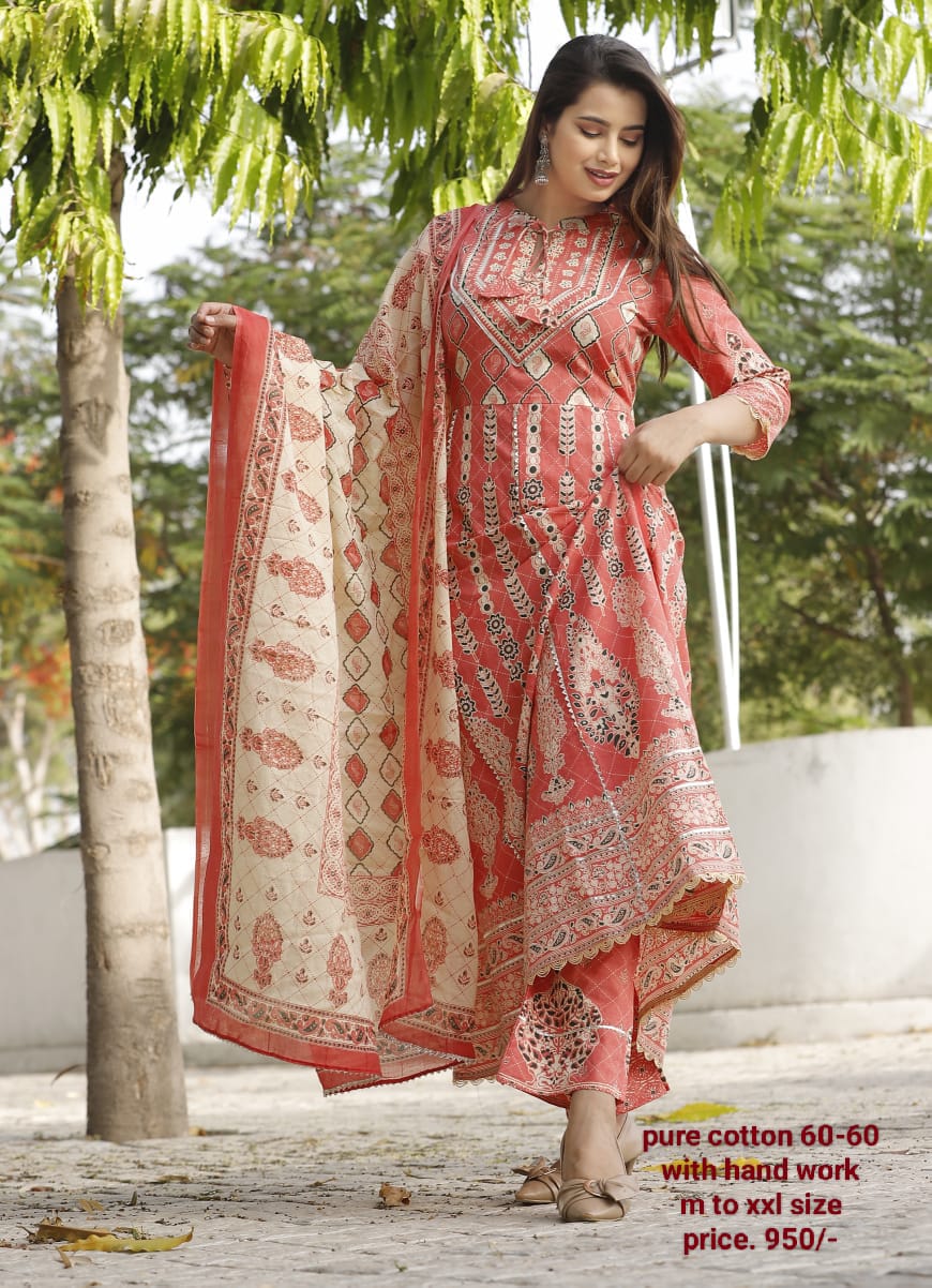 Peach Printed Ankle Length Flared Kurta With Pant And Dupatta