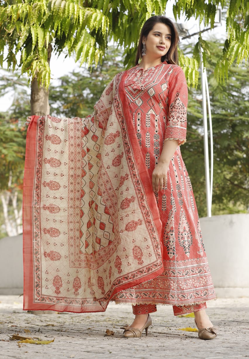 Peach Printed Ankle Length Flared Kurta With Pant And Dupatta