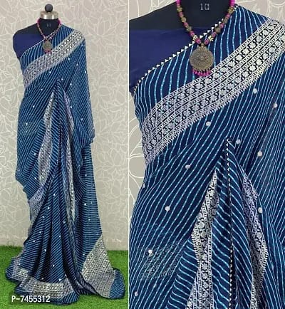 Georgette Striped Printed Sarees with Blouse