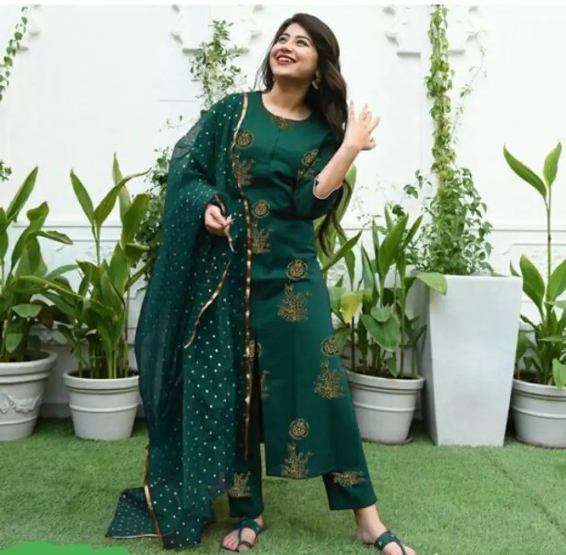 Rayon gold print kurti pant with dupatta set