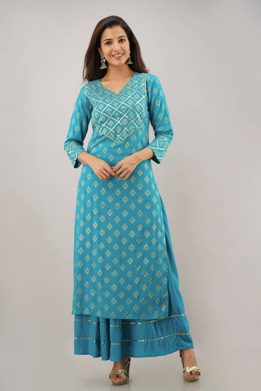 Stylish Blue Rayon Gold Printed Straight Kurta And Skirt Set For Women