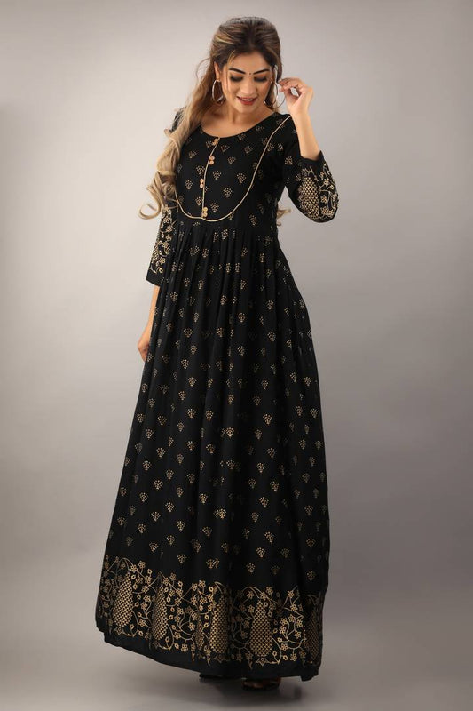 Stylish Black Rayon Printed Kurta For Women