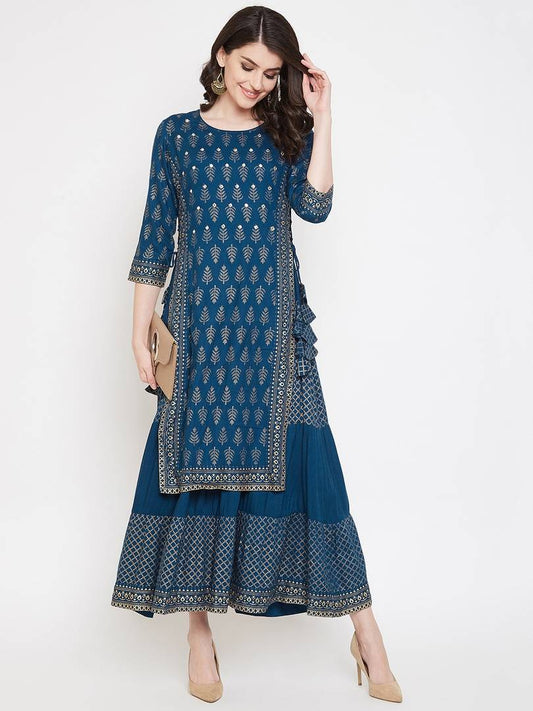 Stylish Teal Rayon Double Layer Printed Kurta For Women