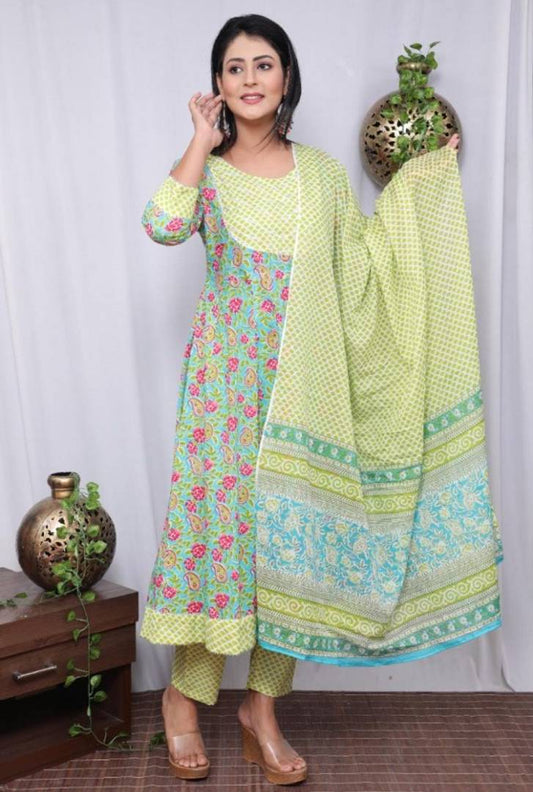 Rayon Printed Anarkali Kurti With Pant & Dupatta Set