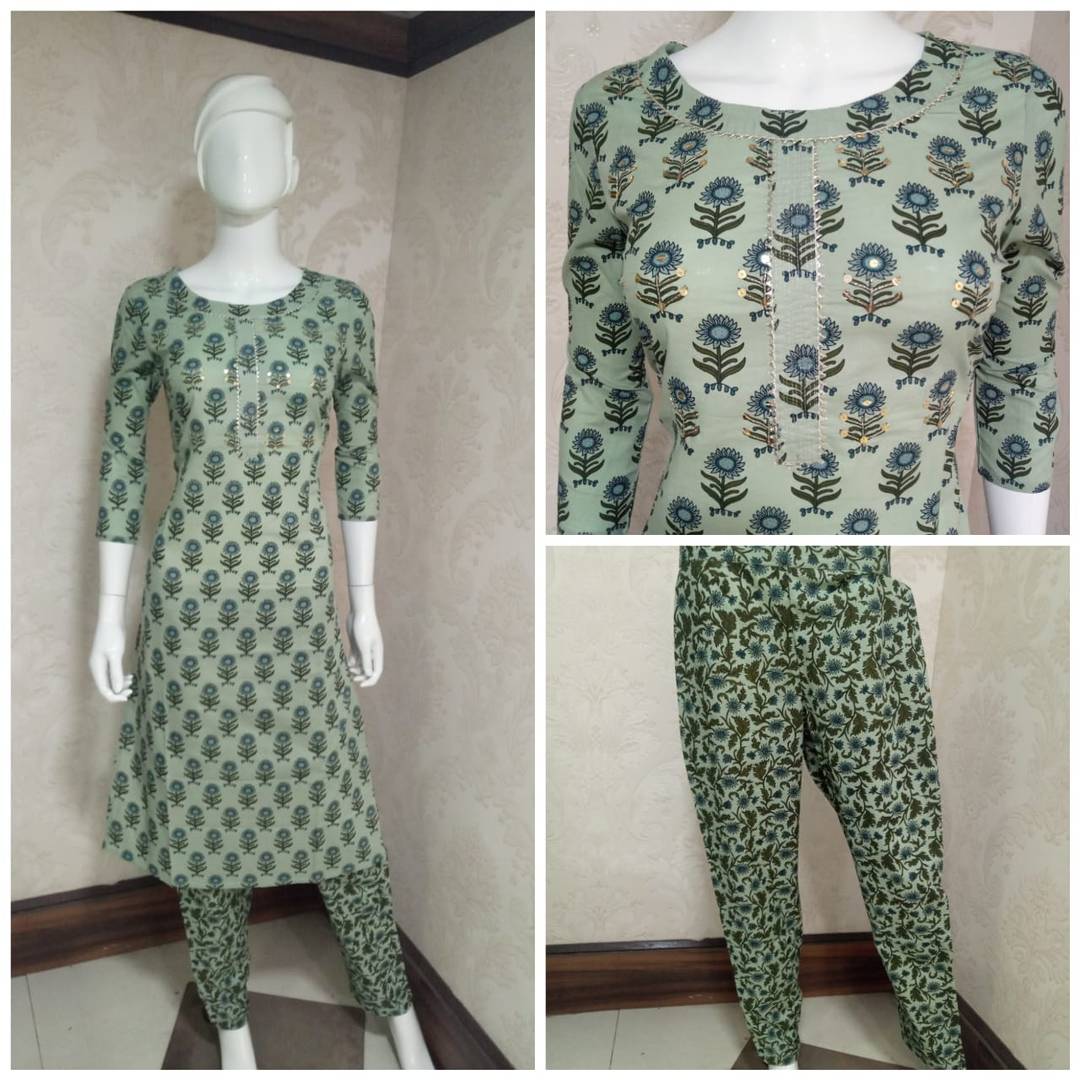 Stylish Flower Printed Straight Cotton Pista Colour Kurta With Pant Set