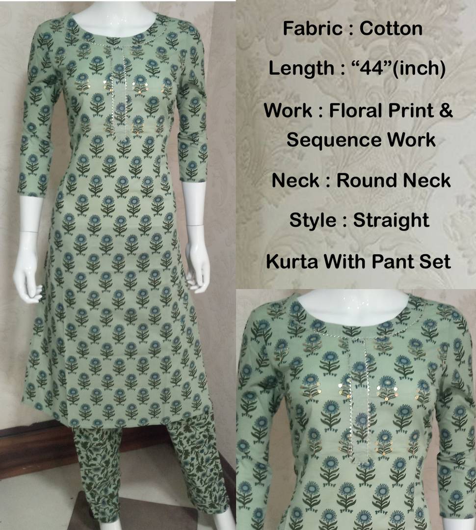 Stylish Flower Printed Straight Cotton Pista Colour Kurta With Pant Set