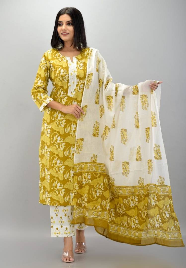 Stylish Cotton Printed Straight Kurta With Pant And Dupatta Set