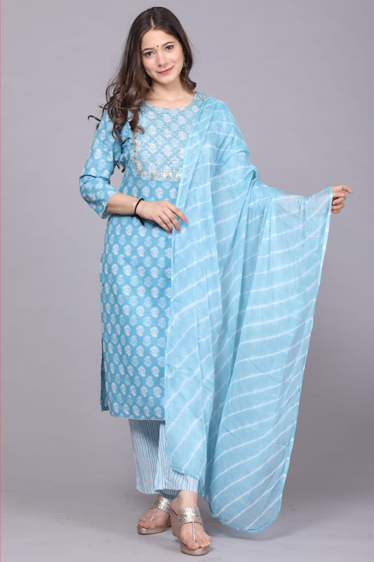 kurti with Pant and beautiful lehriya chiffon dupatta